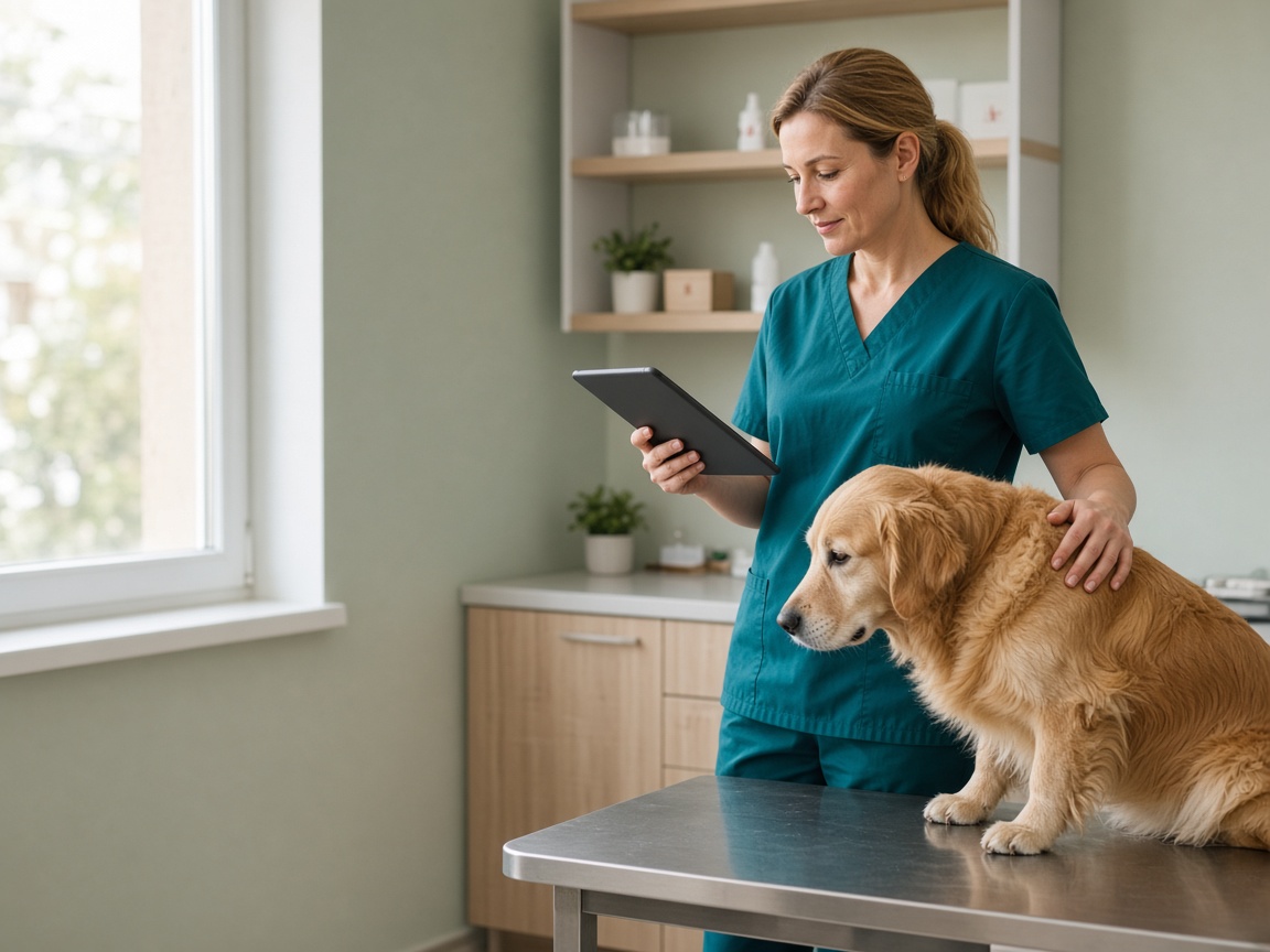Medic veterinar în uniformă teal, cu tableta în mână, lângă un golden retriever pe masa de consultație